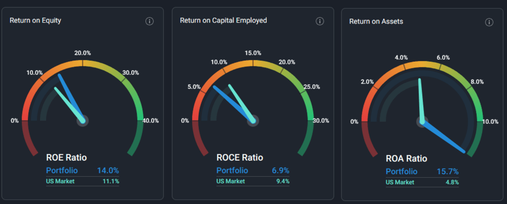ROE, ROCE and ROA ratios of the portfolio. ROE=14%. ROCE=6.9% and ROA=15.7%